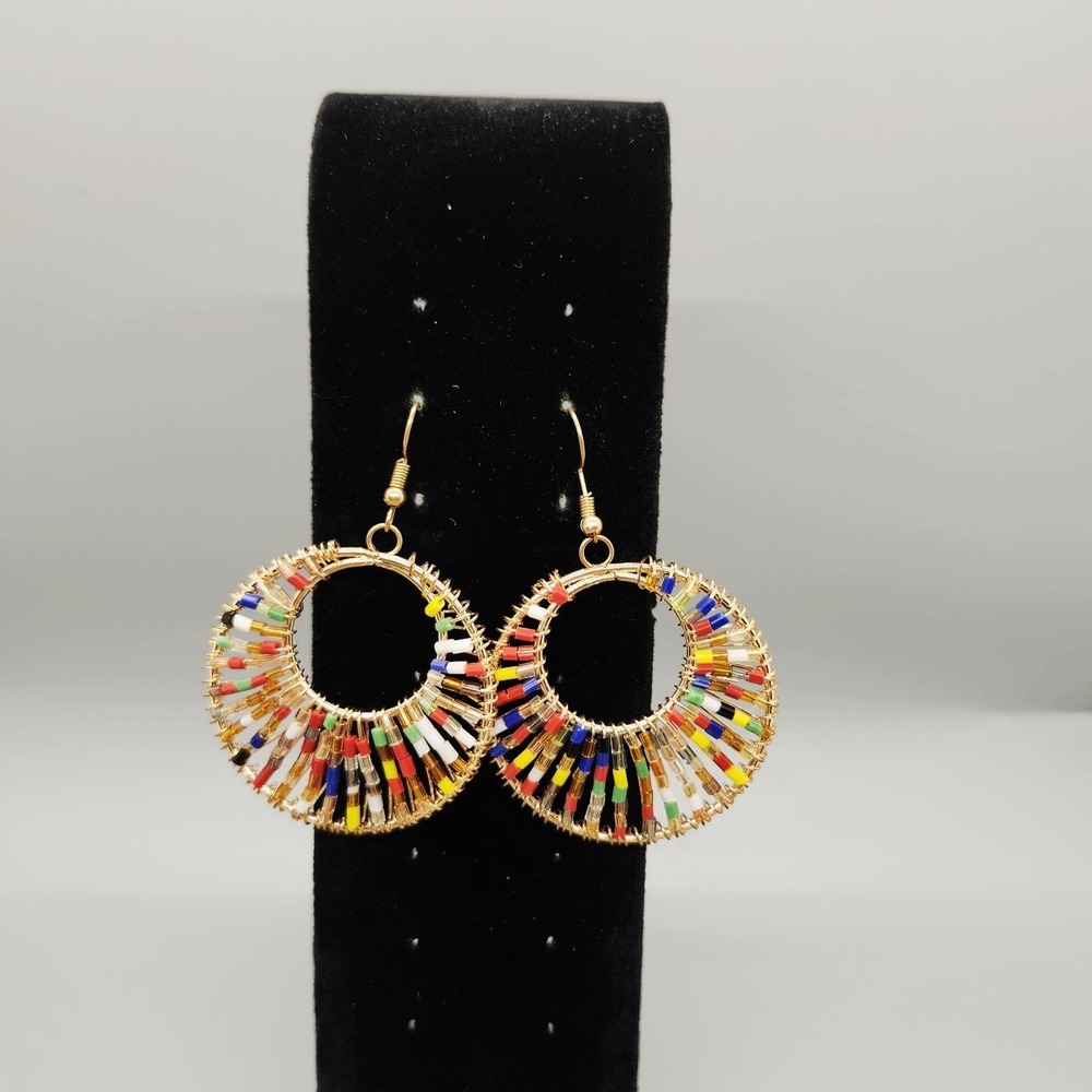 Multicolor Beaded Hoop Fan Dangle Earrings 2" Diameter 3" Drop Statement Jewelry